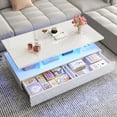thumbnail image 3 of Modern LED Coffee Table with Drawer Storage, 43" White Coffee Tables, Living Room Center Table Sofa Table with Open Display Shelf (White), 3 of 9