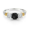 thumbnail image 2 of Gem Stone King 925 Silver and 10K Yellow Gold Black Onyx White Moissanite and Diamond 3-Stone Ring for Women (1.59 Cttw, Cushion Checkerboard 6MM and 4MM), 2 of 3