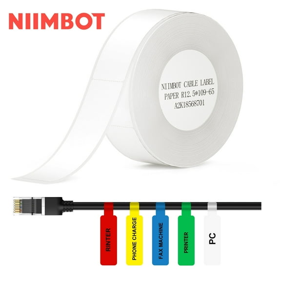 NIIMBOT Cable Label Maker Tape (0.49" x 4.29") Printer Sticker Paper with Self-Adhesive for D11/D110/D101/H1/H1S,1 Roll of 65 (White)
