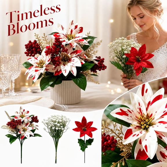 Kiddiway Poinsettia and Baby's Breath Christmas Bouquet - Artificial Flower Arrangement for Table, Beautiful Indoor Christmas Decor