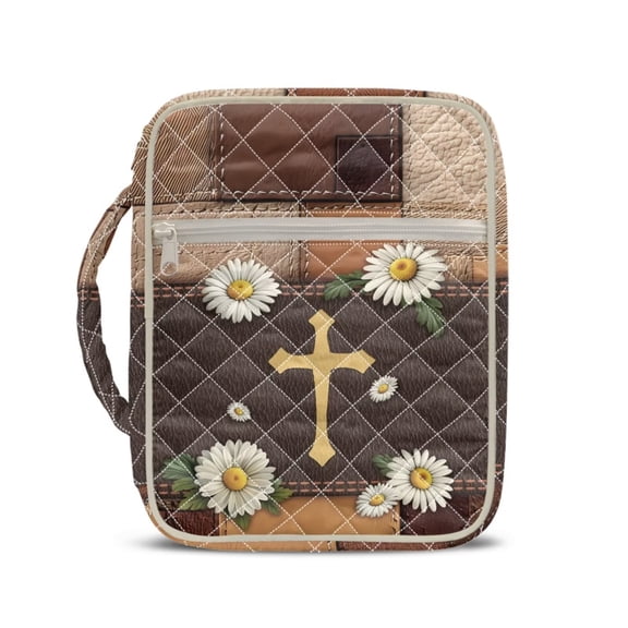Psesaysky Daisy Cross Print Bible Bag for Women Soft Quilted Bible Cover with Zipper and Handle Easy to Carrying Out, Women's Portable Handbag for Books Bookmarks Organizers