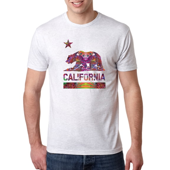 Wild Bobby, California Republic Bear Logo Retro Mandala Mosaic Animal Lover Mens Premium Tri Blend T-Shirt, Heather White, Small