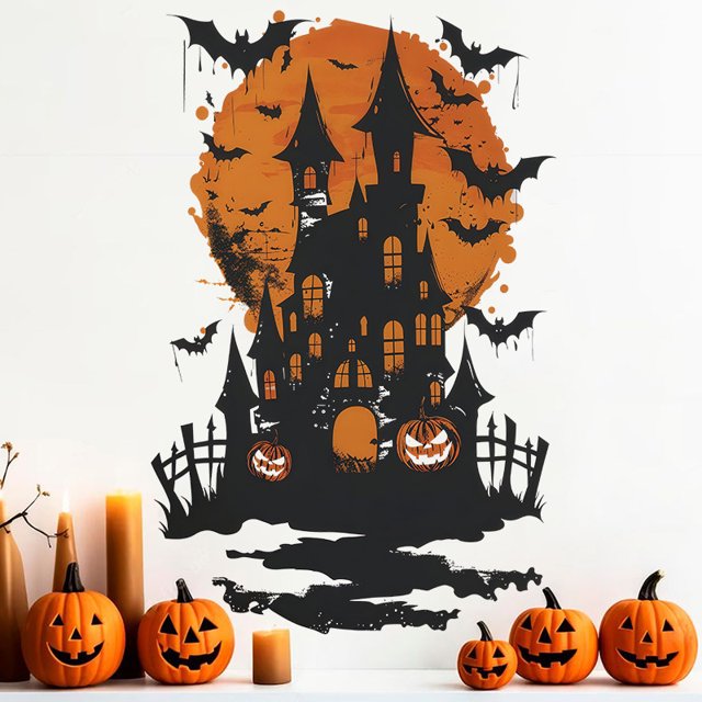 Adhesivos de pared con forma de castillo embrujado de Halloween con calabazas y murciélago