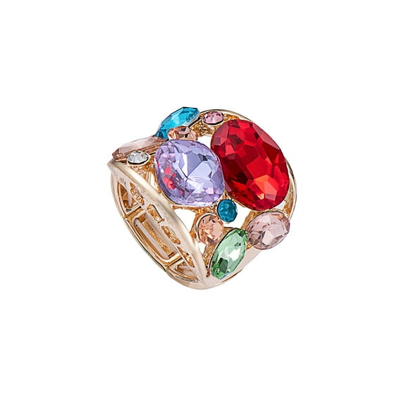 18K Gold Plated Iridescent Multi-color Gemstone Crystal Geometric Elastic Adjustable Stretchy Statement Rings for Women Cocktail Costume Jewelry