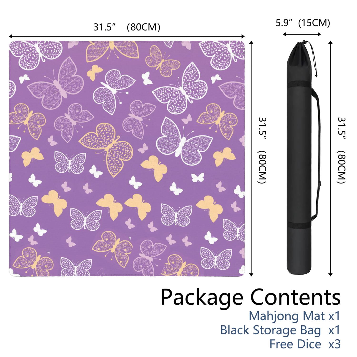 Butterfly Mahjong Mat for Table, 31.5*31.5in Anti Slip American Mahjong Table Cloth, Noise Reduction, Neoprene Mah jongg Mat with Carrying Bag & 3 Dices, Mahjong Set Gift for Board Tile Games Mats
