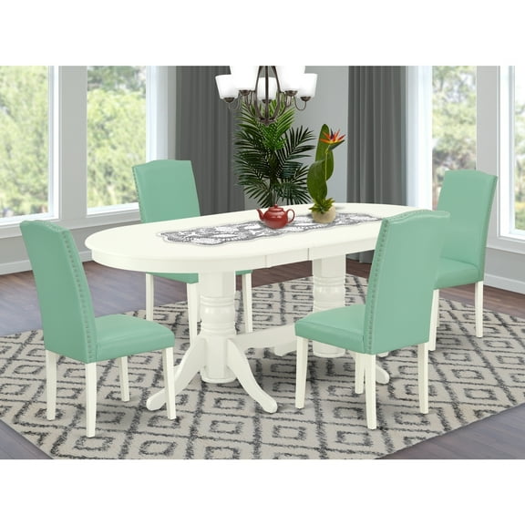 Dining Room Set 5pc Table & 4 Chairs - Modern Farmhouse Design - Linen White Legs - Pond PU Leather