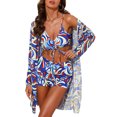 thumbnail image 5 of INSPIRE CHIC Women's Strappy Floral Printed Ruched Bikini Sets, 3 Pieces Long Sleeve Robe Cover Up BoyShorts Bottom Swimwear Blue Orange X-Large, 5 of 6
