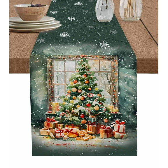Ldtrchee Green Christmas Tree Table Runner 120 Inches, Watercolor Xmas Snowflake Bed Runner Dresser Scarves Tabletop for Indoor Outdoor Parties/Ceremony/Banquet, 13"x 120"