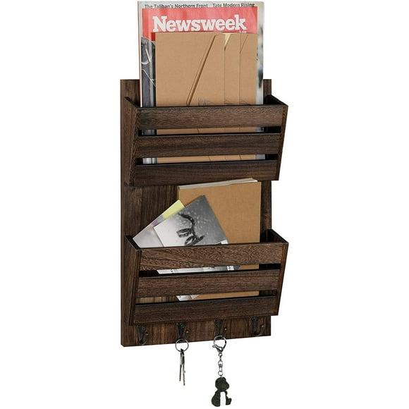 NEX Rustic Paulownia Wood 2-Slot Wall Mounted Mail Sorter with 4 Metal Hooks, Brown
