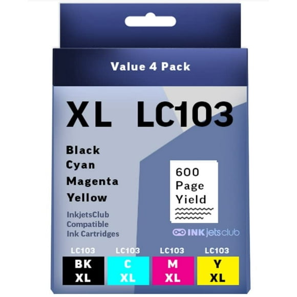 Cartouche d'Encre Compatible LC103 / 101 à Haut Rendement Fabriquée par InkjetsClub, Lot de 4 de Remplacement. Comprend 1 Noir, 1 Cyan, 1 Magenta et 1 Jaune Cartouches d'Encre Compatibles