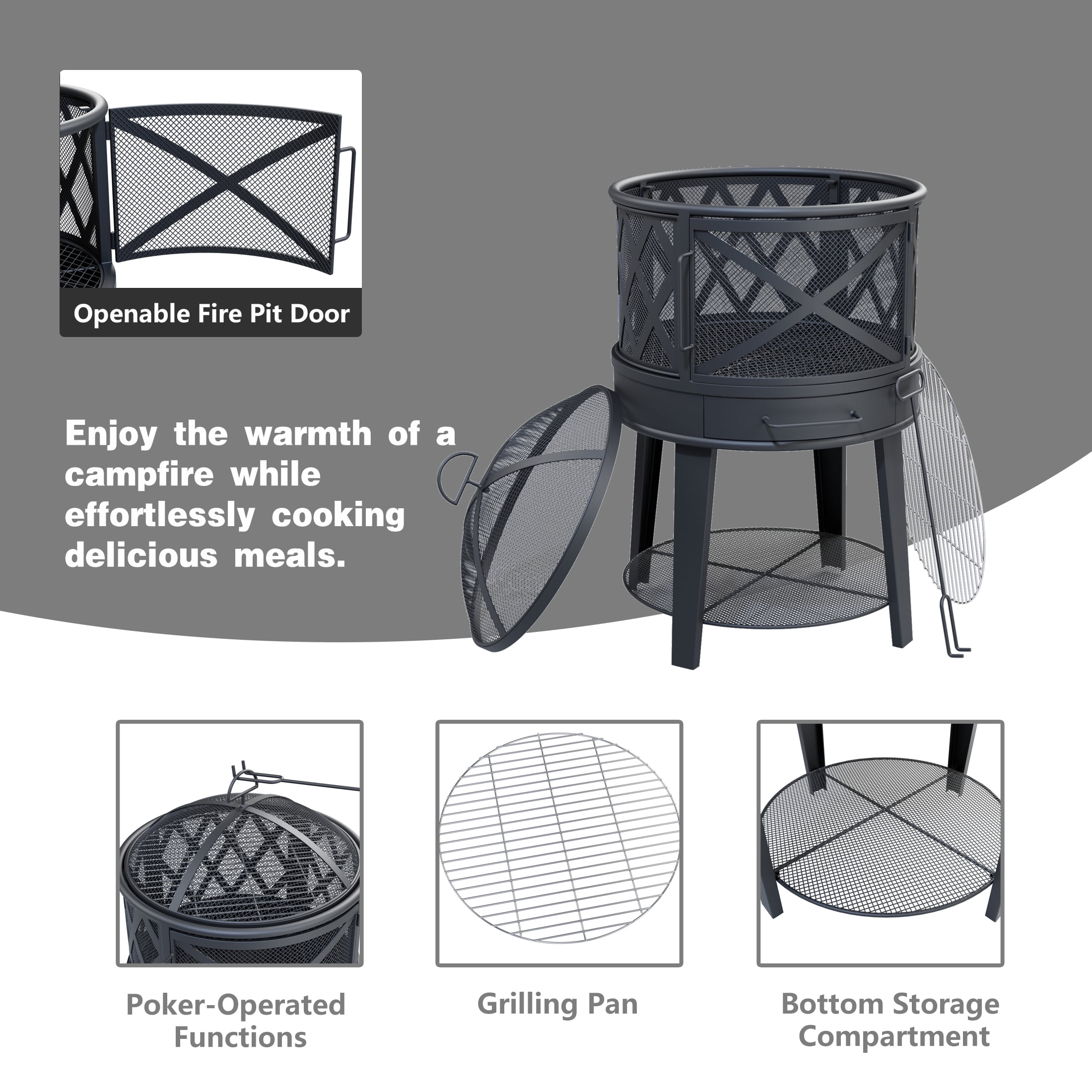 Outdoor 18" Mini Wood Burning Fireplace with Poker ,Fire Pit with Round Grill Top for BBQ,Black