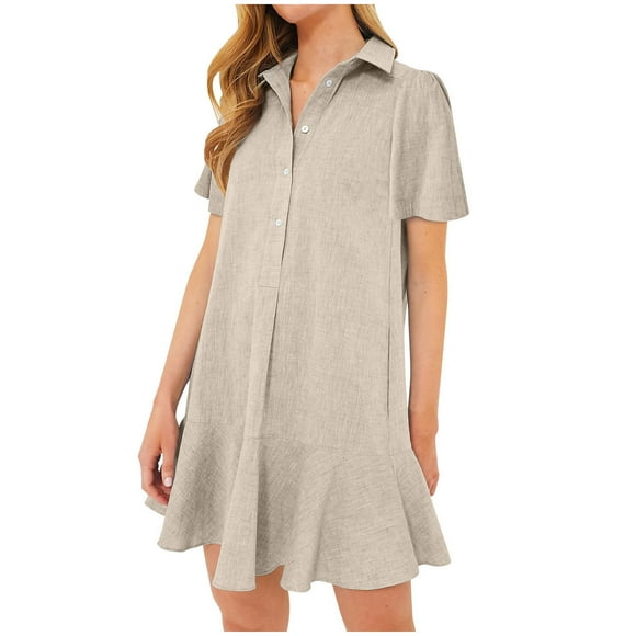 FcBaudy Short Sleeve Turndown Collar Dress,Womens Dresses,Summer Dresses for Women Women's Summer Solid Color Lapel Short Sleeved Buttoned Open Chest Pleated Ruffled Dress Short Skirt Women Dress