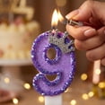 thumbnail image 4 of Number 9 Birthday Candle, Glitter Purple with Crown Decoration, 1 Piece, for Princess Themed Birthday Party Cake Topper, 4 of 6