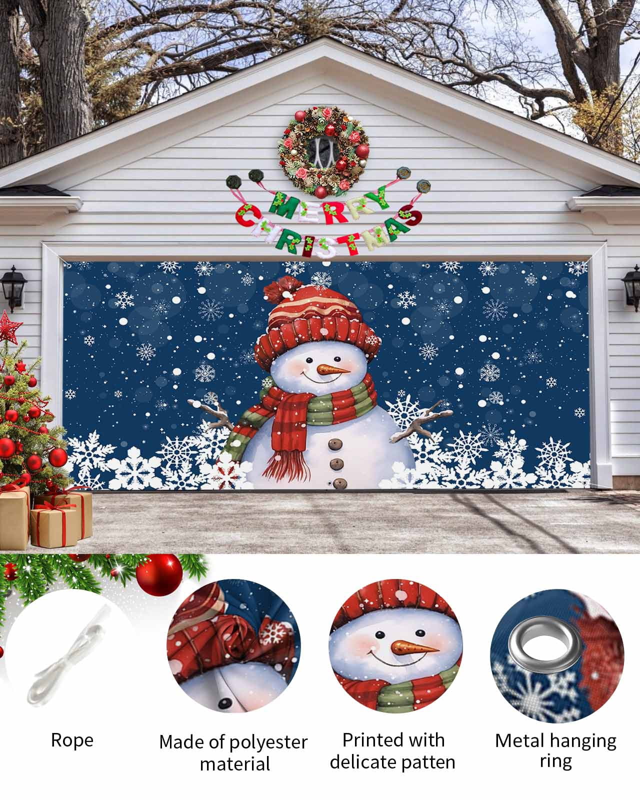 Garage Door Banner Cover 6 x 13 ft, Christmas Snowman with Cap Xmas Tree Snowflake Navy Blue Christmas Garage Door Decorations Holiday Christmas Backdrop Decor for Winter New Year Xmas Party