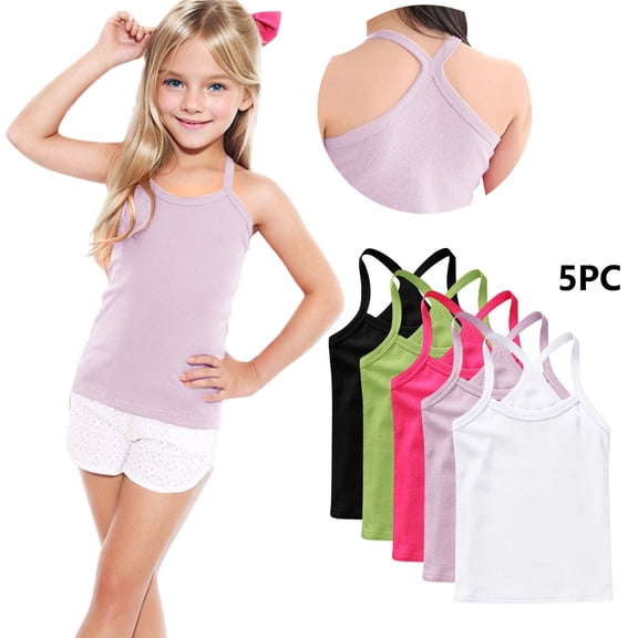Eltusu Girls Tank Tops, 5 Pieces Cotton Dance Crewneck Sleeveless Shirts White Size 10-12 T