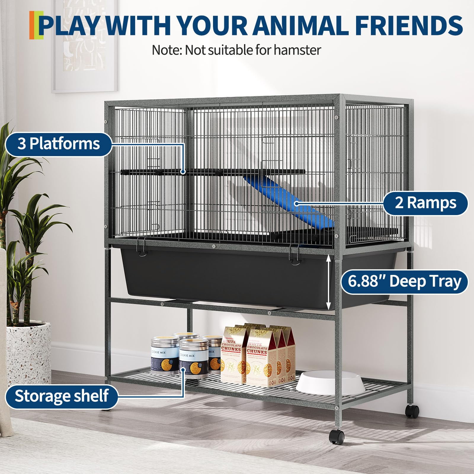 Ataucjin Multi-Level Metal Bird Cage for Small Pets, Removable Platforms & Deep Slide-Out Tray - Lockable Wheels & Storage Shelf,Ideal for Ferrets, Chinchillas, Rabbits, Squirrels