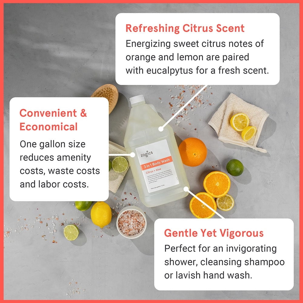 Zogics 3 in 1 Body Wash, Hand Soap & Shampoo, Citrus + Aloe (1 Gallon or Case of 4)
