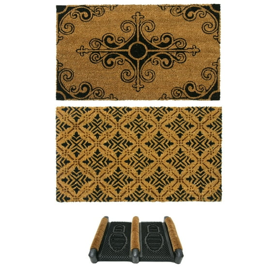 Rubber-Cal "French Provincial Doormat Kit" - 2 Coir Front Doormats and 1 Boot Scraper