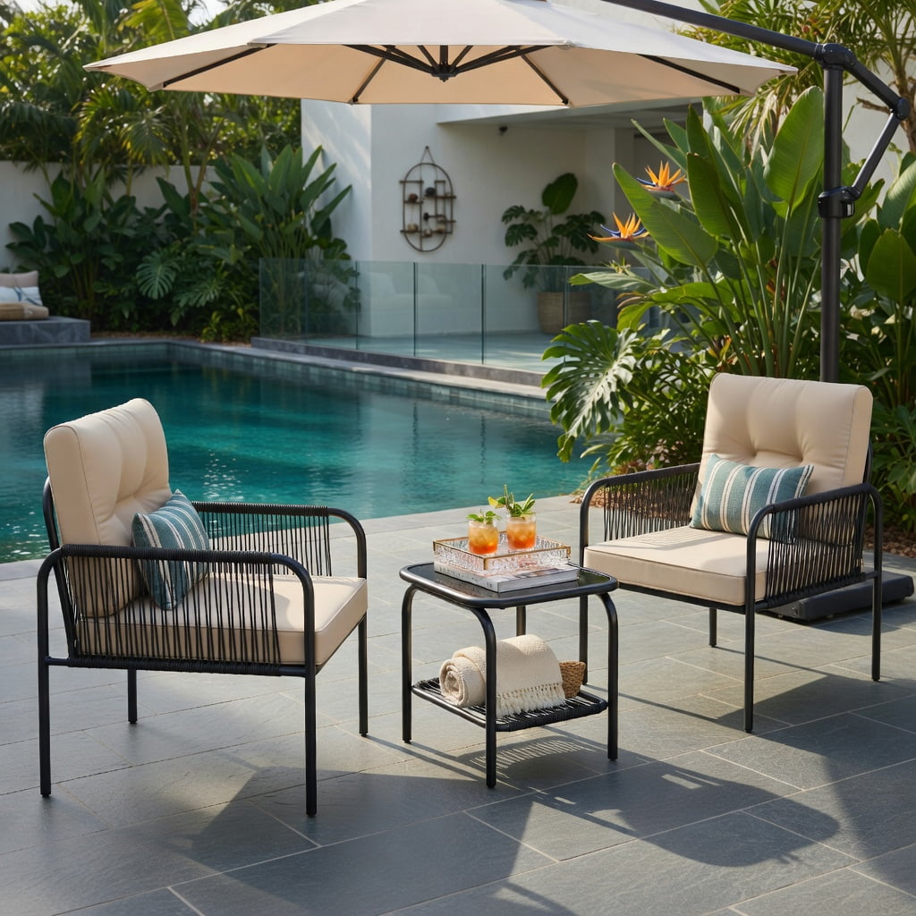 Hommoo 3-Piece PE Rattan Outdoor Bistro Set, Cushions, Black Wicker, Tempered Glass Coffee Table for Patio, Yard & Poolside, Beige