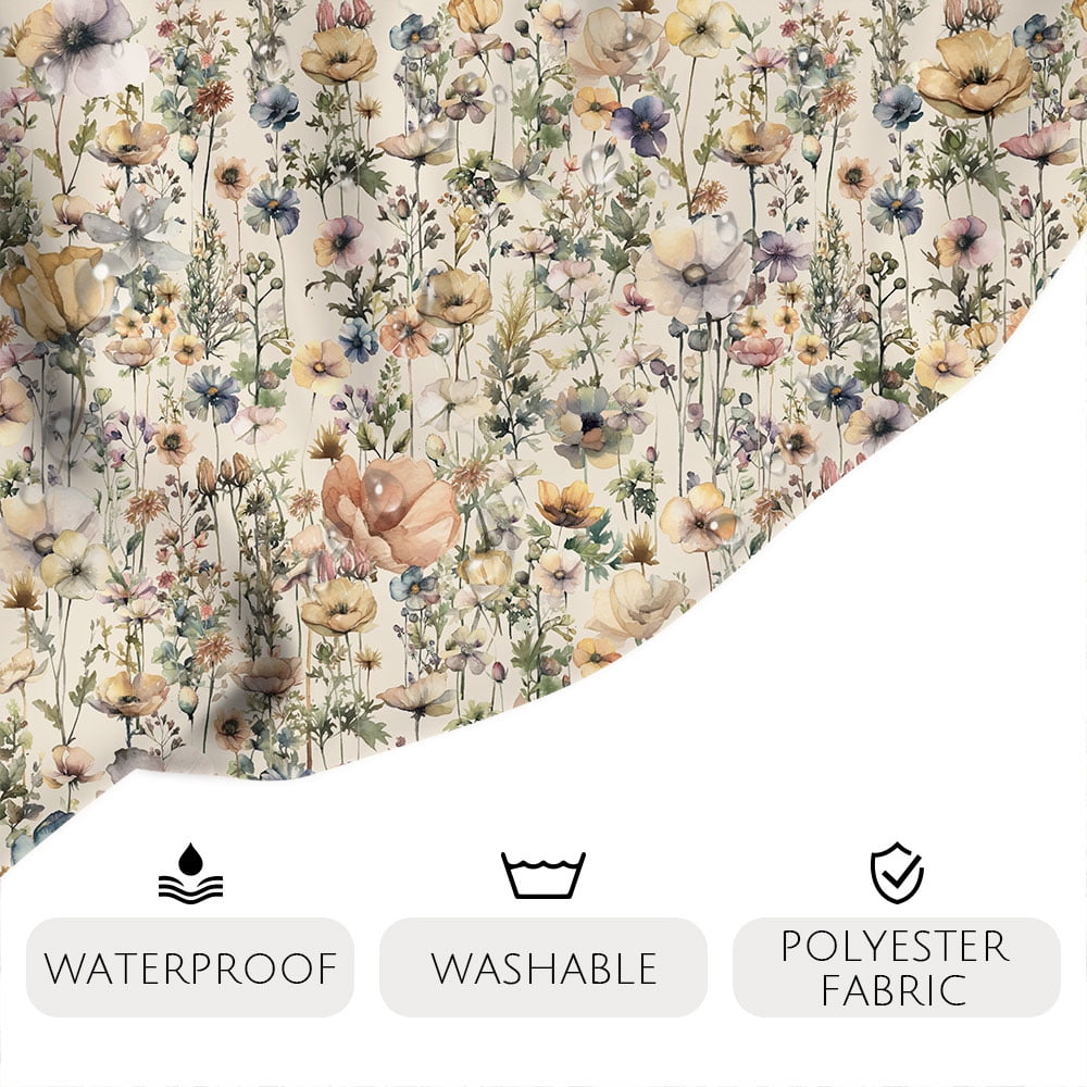 Farmhouse Floral Shower Curtain for Bathroom,Rustic Boho Wildflower and Beige Botanical Fabric 4 Pcs Shower Curtain with Hooks,Spring Country Theme Bathroom Curtains Shower