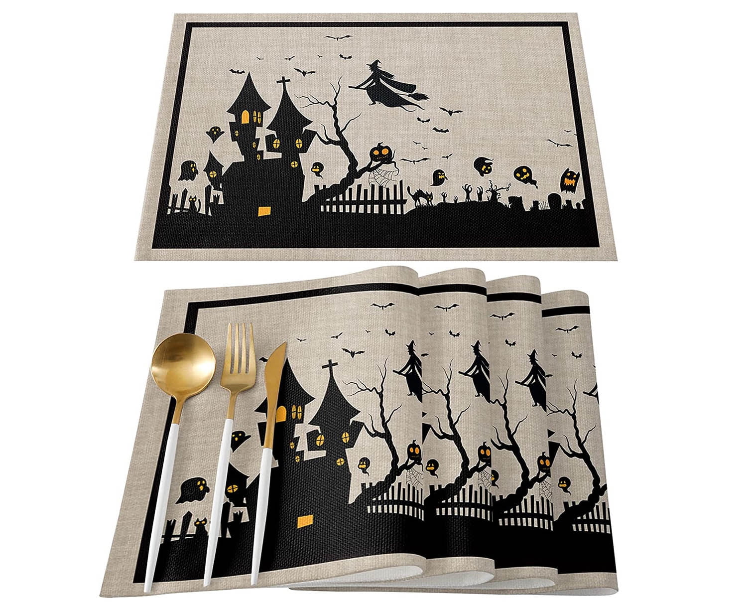 Black Halloween Haunted House Ghost a Witch Holding Broom Placemat Washable Kitchen Place Mats ...