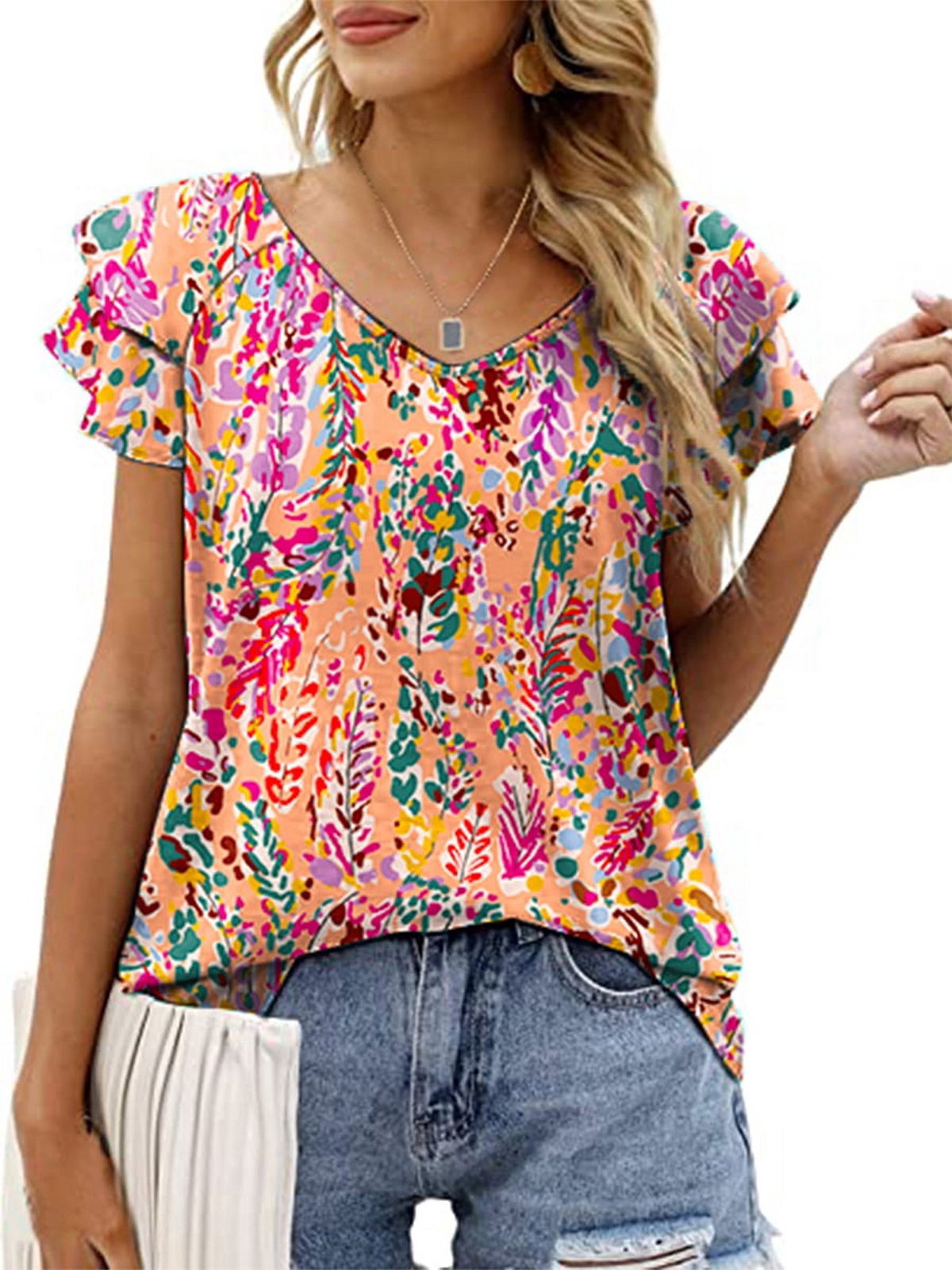Mengpipi Womens Tops Summer Double Ruffle Short Sleeve V-Neck Casual Blouses, White Blue-3XL(US 24-26)