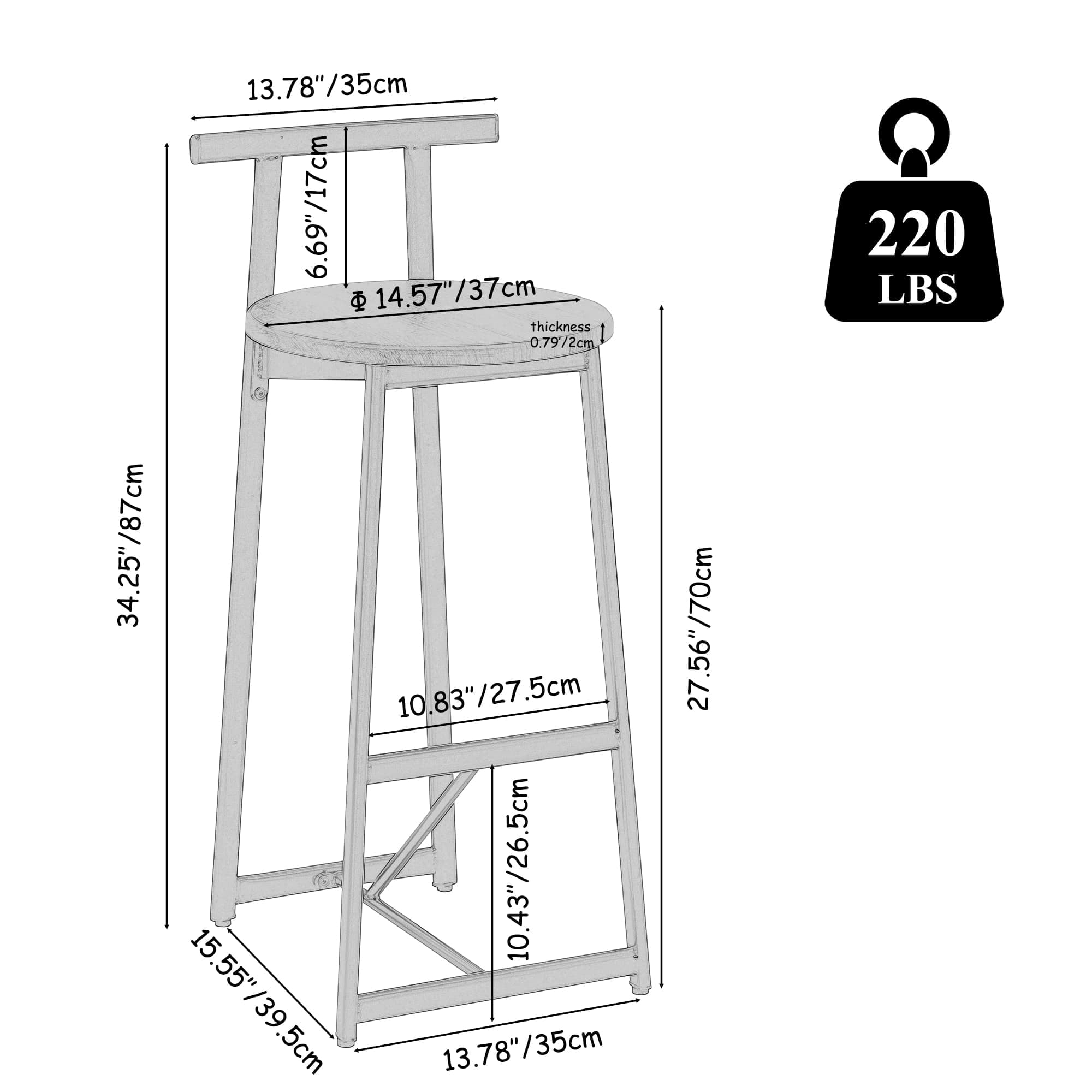 MAYEERTY Bar Stool Set of 3 - Counter Height with Back, Armless for Kitchen Island (Black & Walnut Brown)