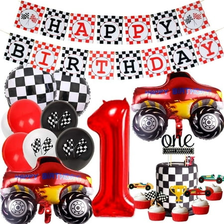 Voiture 1er anniversaire décorations de fête voiture de course joyeux  anniversaire bannière Let's Go Racing ballons à carreaux Monster Truck  numéro 1 feuille ballon Cupcake Toppers