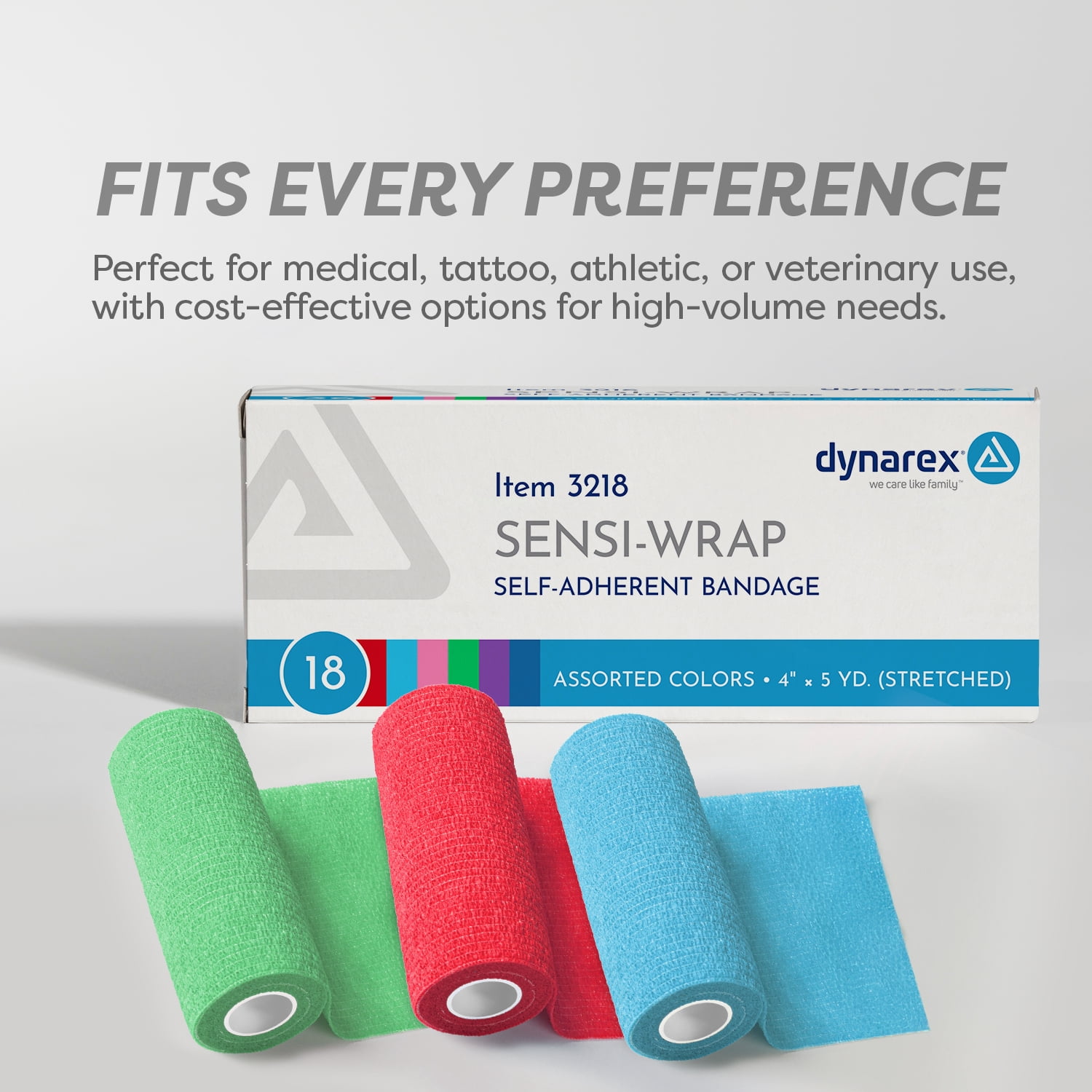 Dynarex Sensi-Wrap Self-Adhesive Bandages, 18-Pack, 4" x 5 yards, Assorted Colors, Latex-Free, Colored Elastic Cohesive Athletic Tape, Tattoo Grip & Vet Wrap