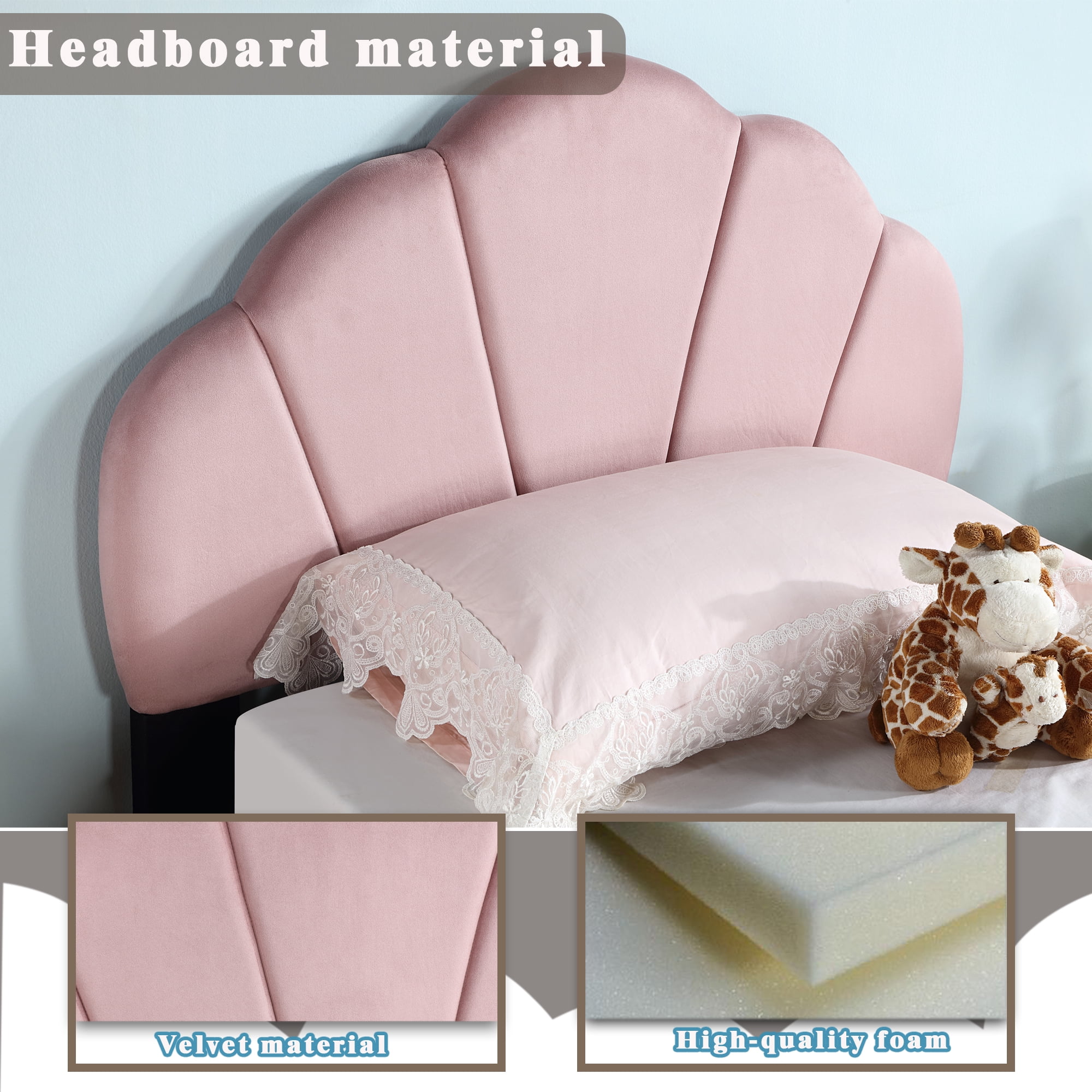 MAYEERTY Upholstered Twin Size Platform Bed – Shell Design Velvet Bed Frame for Kids, No Box Spring Needed, Pink