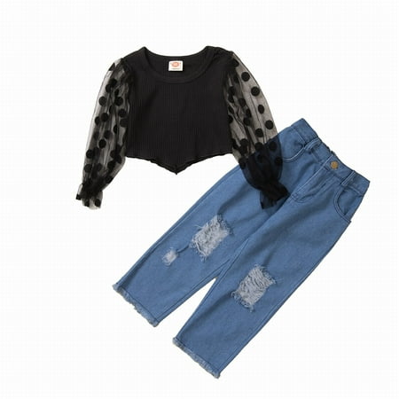 

Kids Baby Girls Clothes Set Fashion Dot Mesh Long Sleeve Tops Holes Denim Trousers Pants Jeans Suit Teen Sweaters Girls Ages 14-16 Baby Girl Birth Gift
