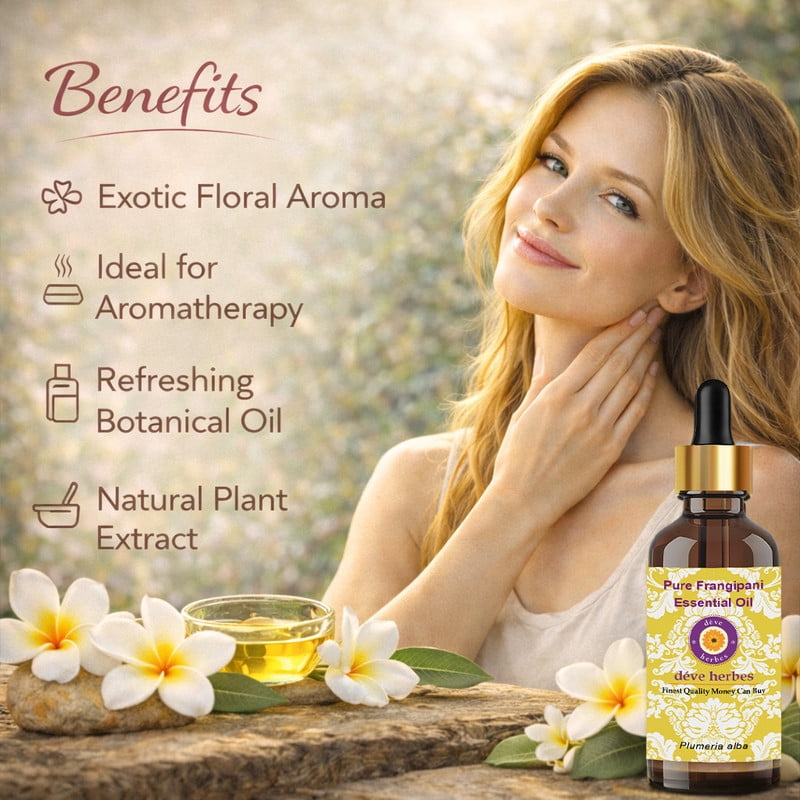 Deve Herbes Pure Frangipani Essential Oil (Plumeria alba) Steam Distilled, Natural & Aromatherapy Use 15ml with Glass Dropper