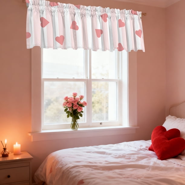 Uuiauoio Valentine's Day Short Curtain Love Heart Kitchen Valance for Window Valentines Day Small Window Treatment Rod Pocket Cafe Valance for Dining Room Bedroom Decor