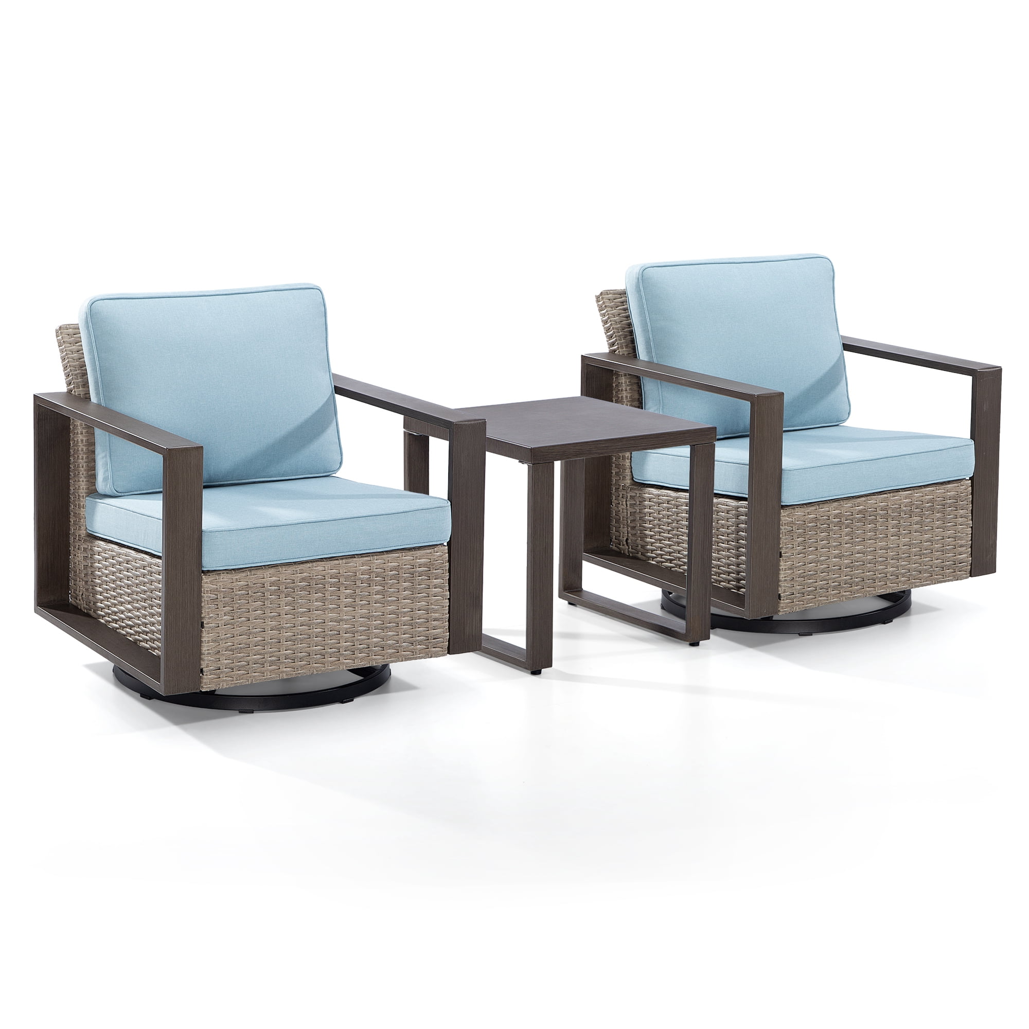 MeetLeisure Outdoor Swivel Rocker Metal Chairs Set of 2 with Small Coffee Table, 3 Pieces Patio Bistro Set with 360 Degree Glider Chairs & Wood-Looking Metal Armrest, Sky Blue