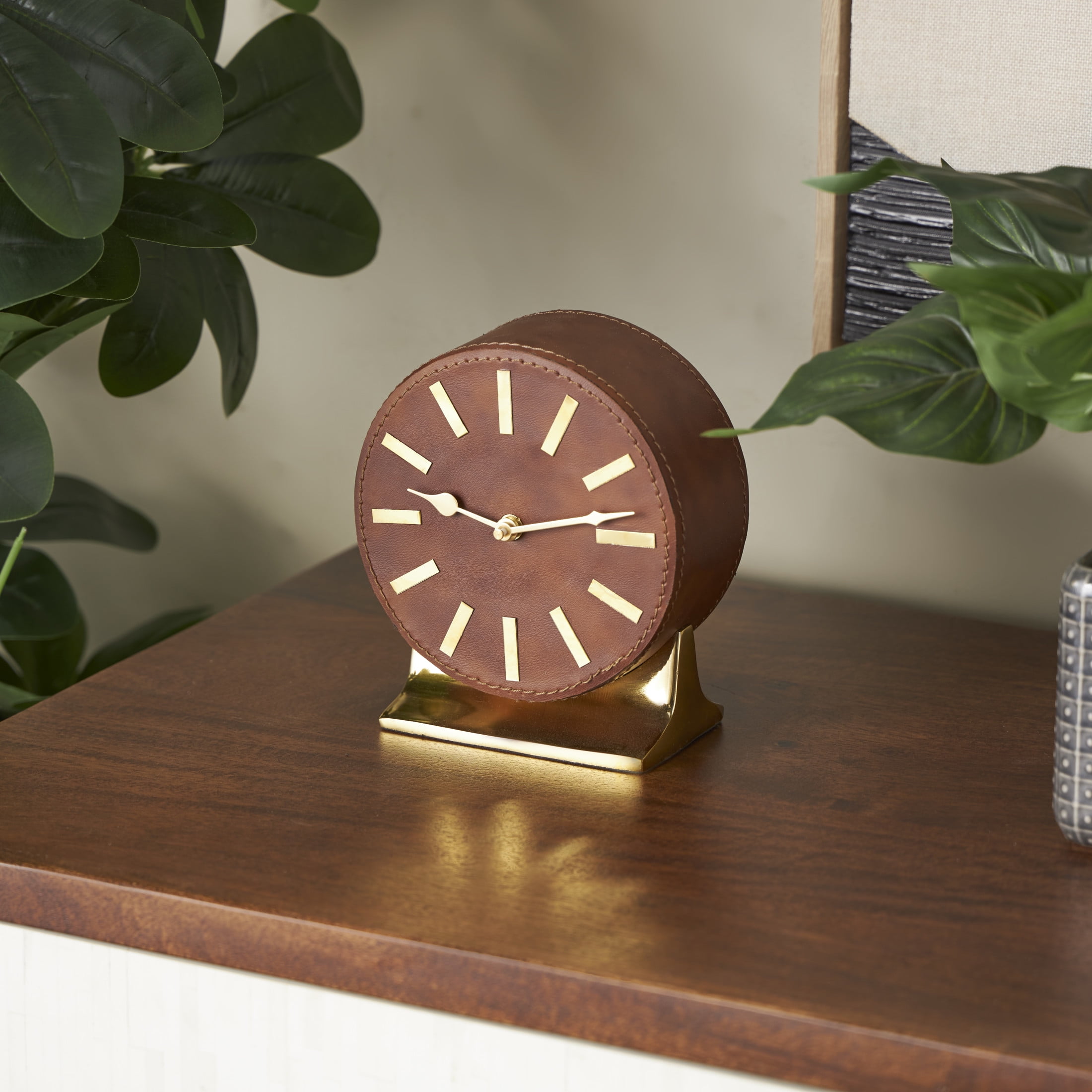 DecMode 7" Brown Faux Leather Round Clock with Gold Rectangular Base