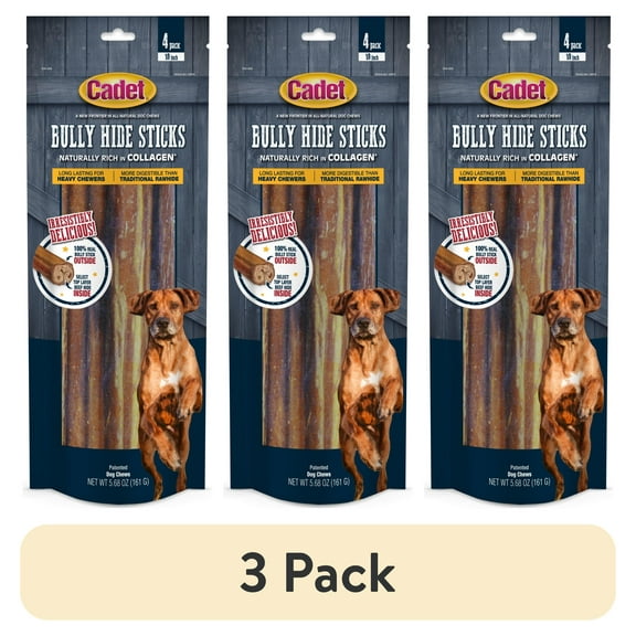 (3 pack) Cadet Bully Hide Sticks All-Natural Dog Chews Large Bully Stick Large (4 Count)
