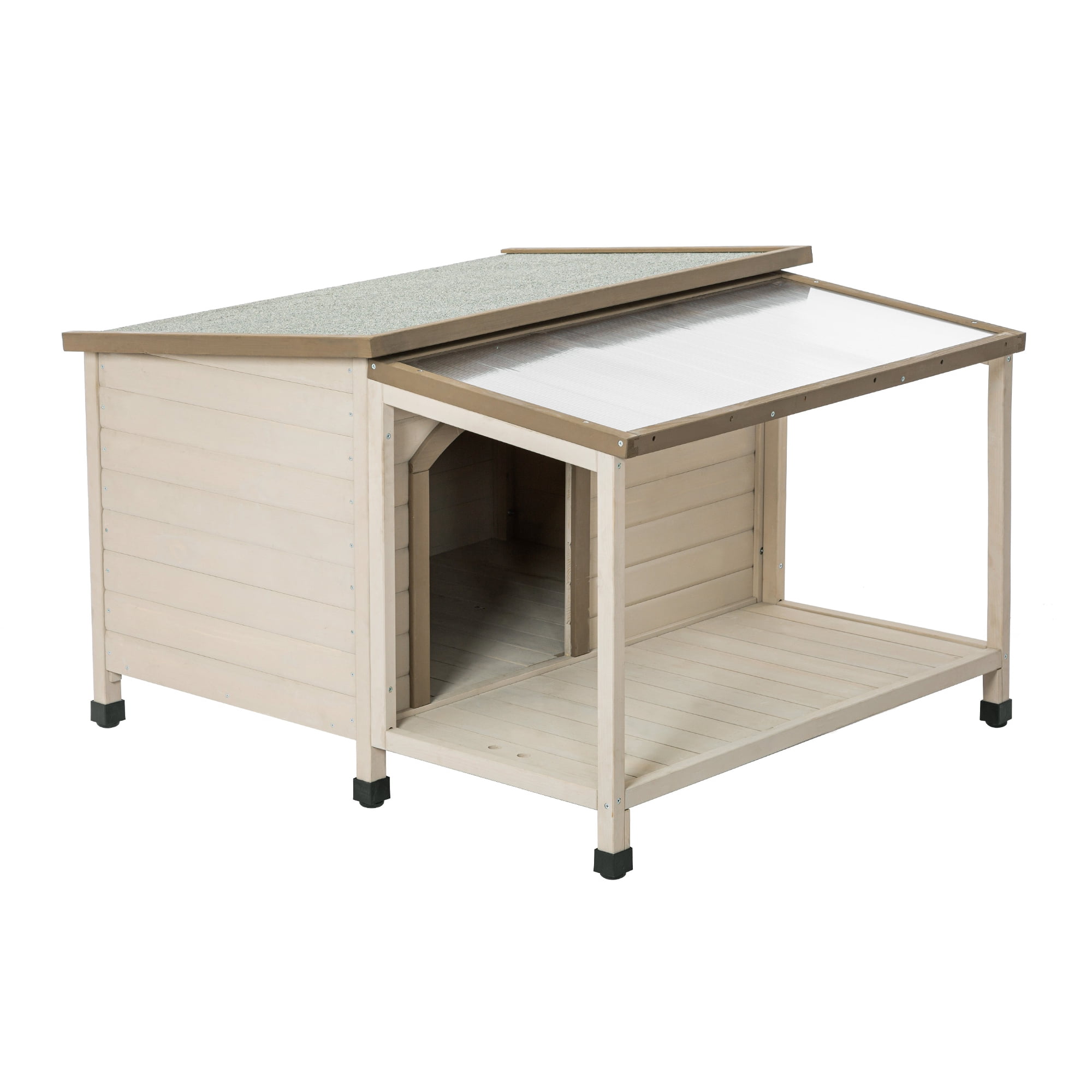Pefilos 48" Indoor and Outdoor Dog House with Porch, Weatherproof Pet Houses with Water-Resistant Asphalt Roof and Fencing, Elevated Floor Cat House with Paw Print, Beige Pefilos 48" Indoor and Outdoor Dog House with Porch, Weatherproof Pet Houses with Water-Resistant Asphalt Roof and Fencing, Elevated Floor Cat House with Paw Print, Beige