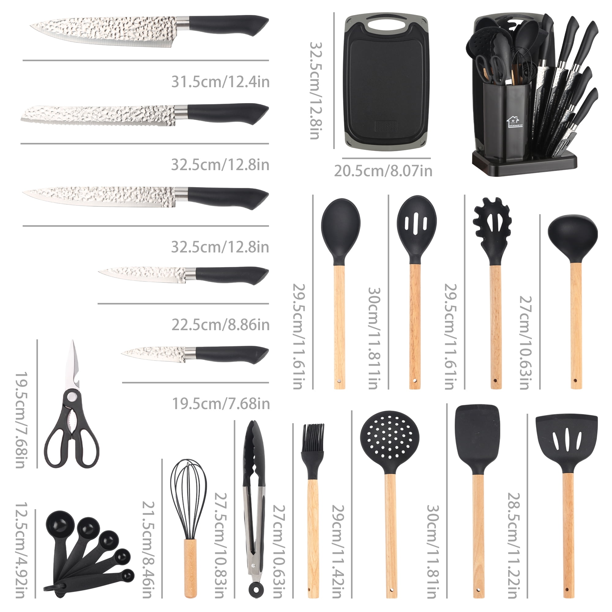 HEESEM 23 PCS Silicone Utensils Kitchenware Set with Removable Knife Cover, Non-Stick Heat Resistan Tools-Black