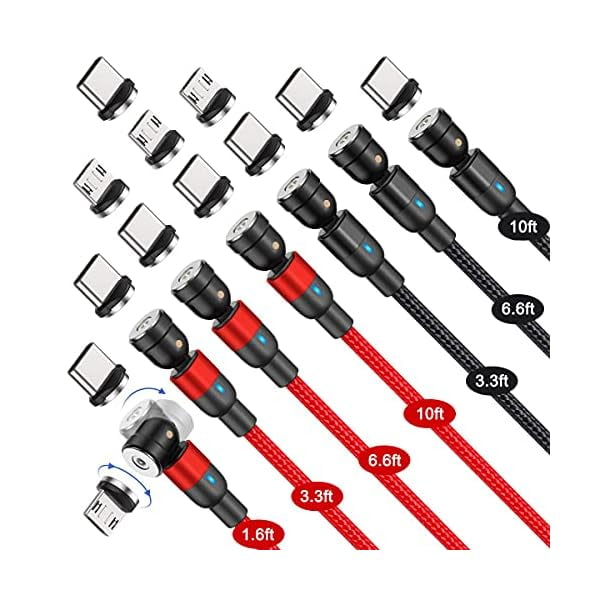 wonima11 540 Rotation Magnetic Charging Cable (7-Pack, 1.6ft/3.3ft/3.3ft/6.6ft/6.6ft/10ft/10ft) - 3 in 1 Magnetic Phone Charger Compatible with Micro USB, Type C etc