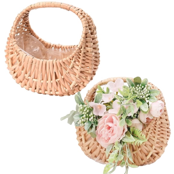 TGY 2 Pcs Half Moon Basket with Handle,Rattan Woven Flower Baskets,Small Wicker Gift Basket,Candy Storage with Plastic Liner,for Home Wedding Birthday Party Decor (Brown)