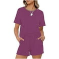 thumbnail image 2 of Women's Summer Casual Pajamas Sets Short Sleeve Crewneck Tops Shirts with Drawstring Shorts Lounge Pjs Sets Sleepwear, 2 of 7