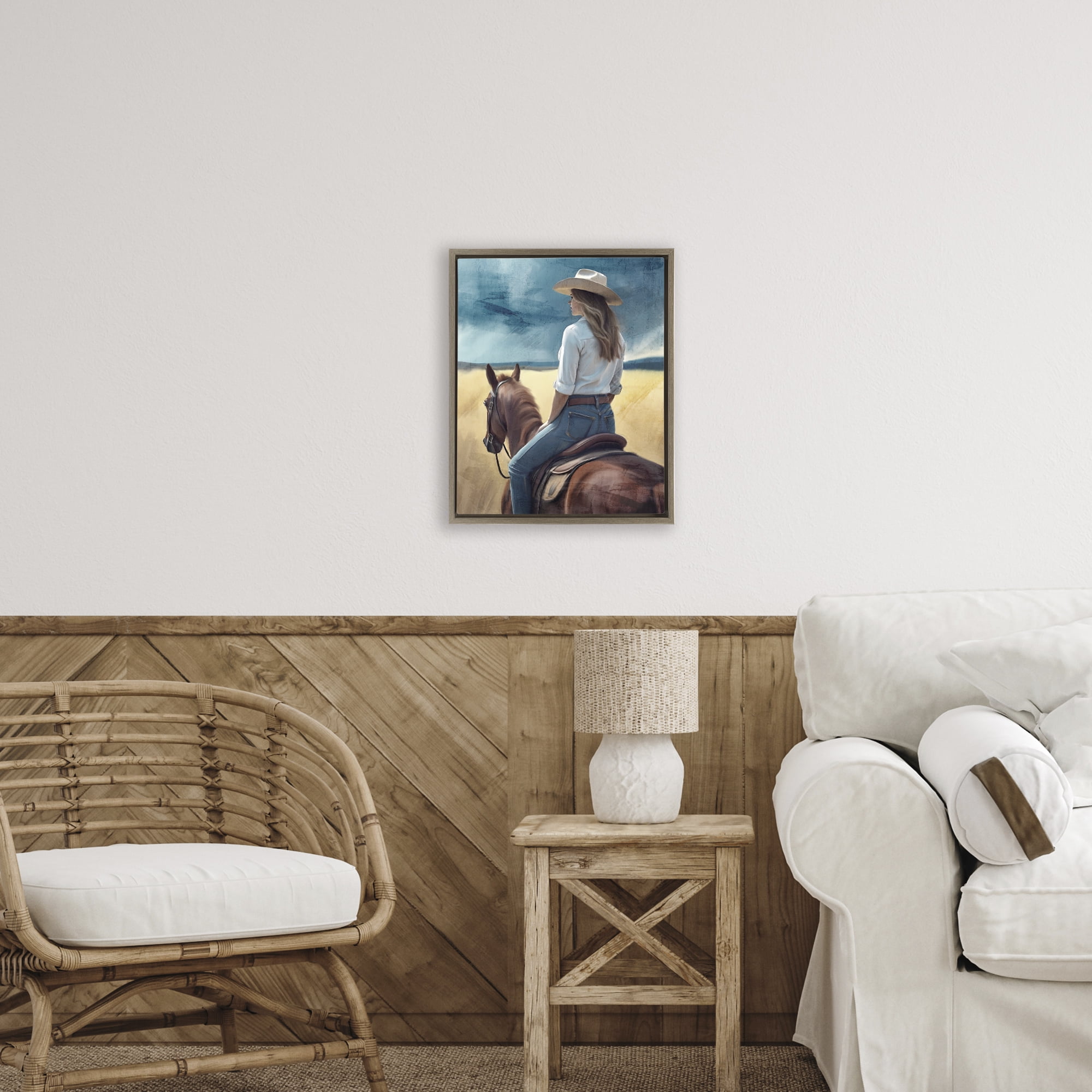 Countryside Cowgirl View Brown Framed Floater Canvas Wall Art, design by Kim Allen
