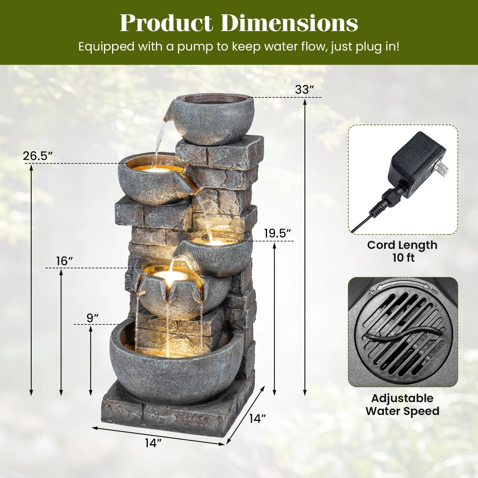 DRAZUNO 33” 5-Tier Outdoor Water Fountain with LED Lights for Patio Backyard Porch Deck