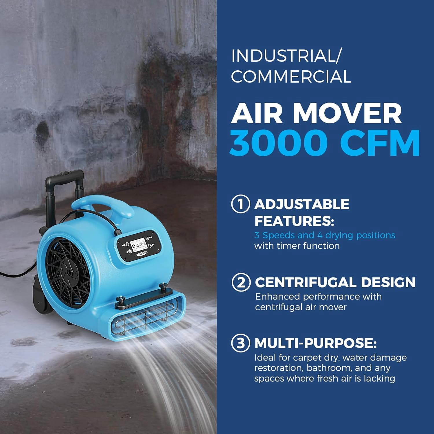 ALORAIR 3000 CFM Air Mover Blower Fan for Industrial, Floor Drying Fan, Carpet Dryer - 18 Timer, Handle Wheelkit, Digital Control, Carpet Buckles, for Water Damage Restoration and Plumbing