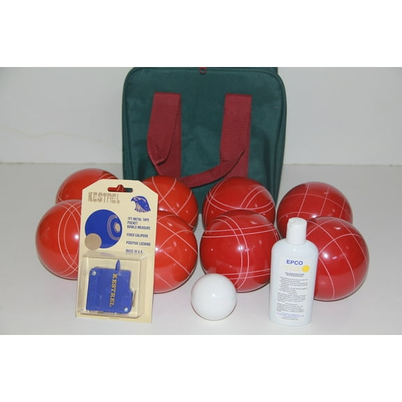 Italian/American Made, 110mm EPCO Bocce Set - Rustic Orange/Red Balls, Ball Polish, Kestrel Measuring Device and Green/Maroon Bag