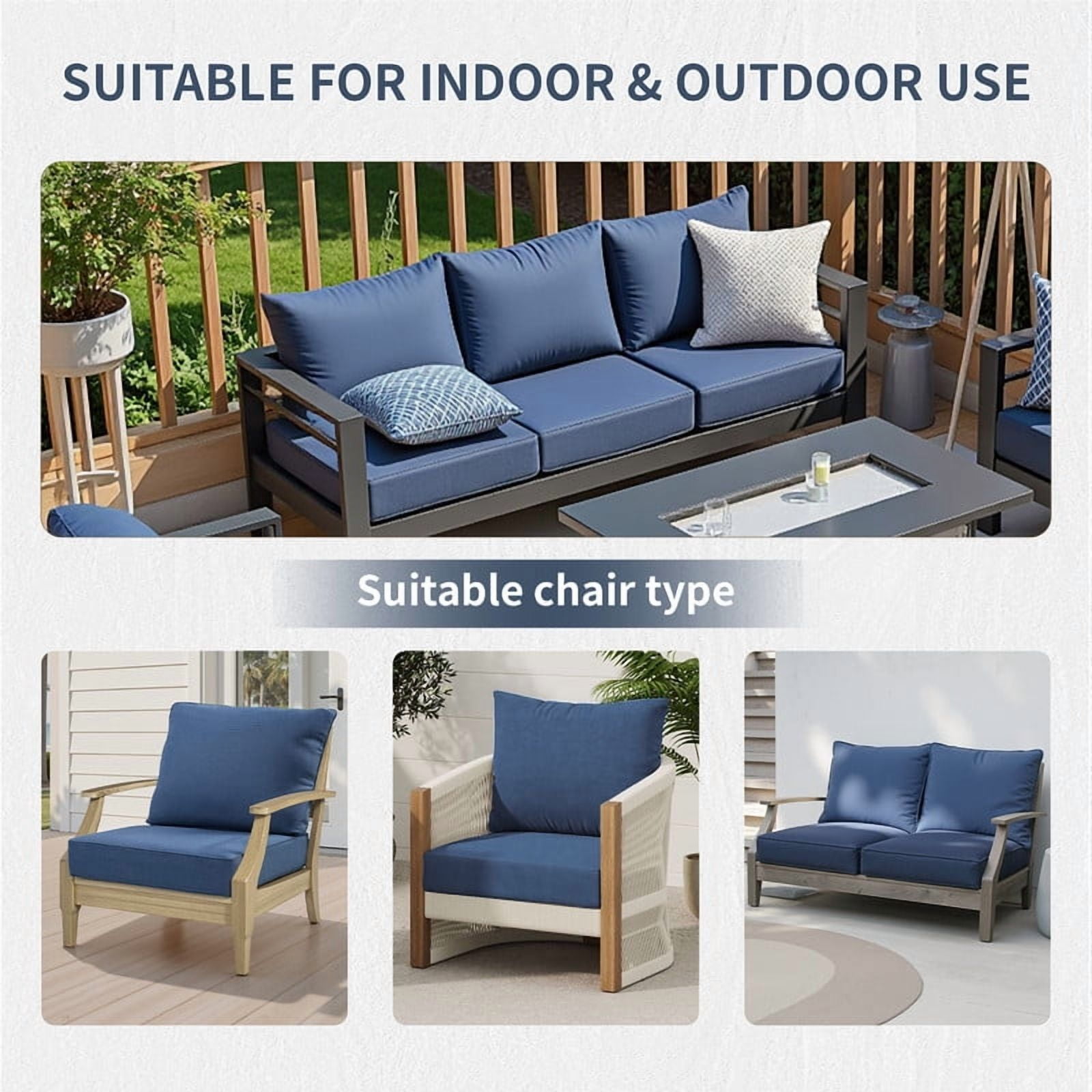 24" x 22" x 6" Outdoor Seat and Back Cushion, Pack of 1, Replacement Furniture Cushions Deep Seating for Patio Sofas Chairs, Blue