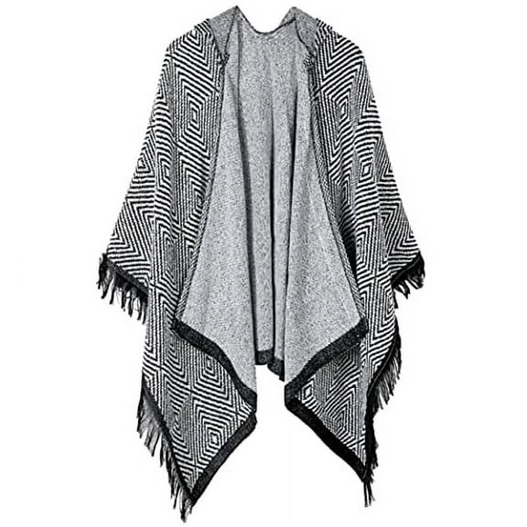 StylesILove Women Diamond Knit Open Front Hooded Poncho Fringe Black Geometric Cape Oversized Cardigan Fall Winter Wrap Shawl