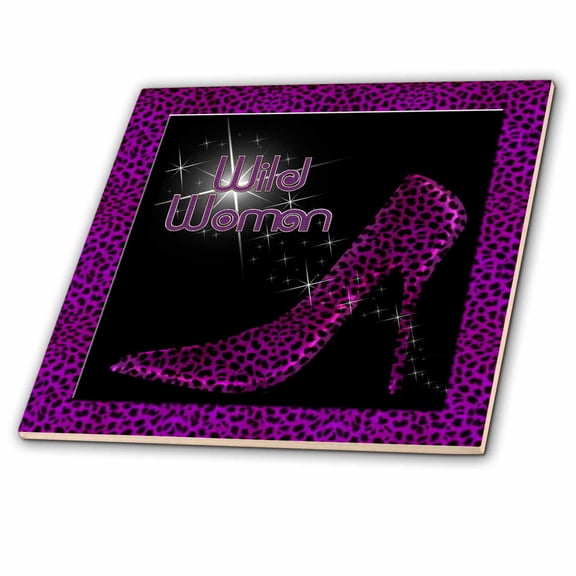3dRose, Purple Cheetah Print Wild Woman Stiletto Pump and Bling, 8 Inch Glass Tile
