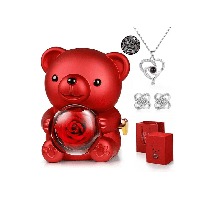 Flores Eternas Rosa De Oso Regalos Para Mujer Con Collar Xtellar rojo