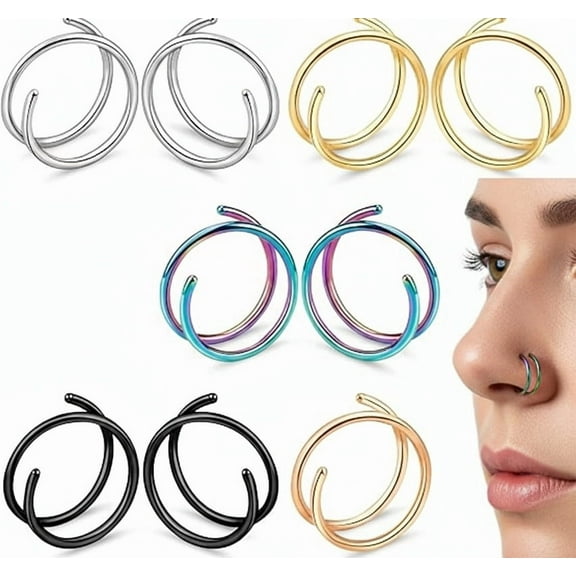 5 Pairs Double Hoop Nose Rings for Women and Men, 316L Stainless Steel Spiral Nose Piercing Jewelry, 20G 8mm, Hypoallergenic Unisex Nose Hoop Set for Women